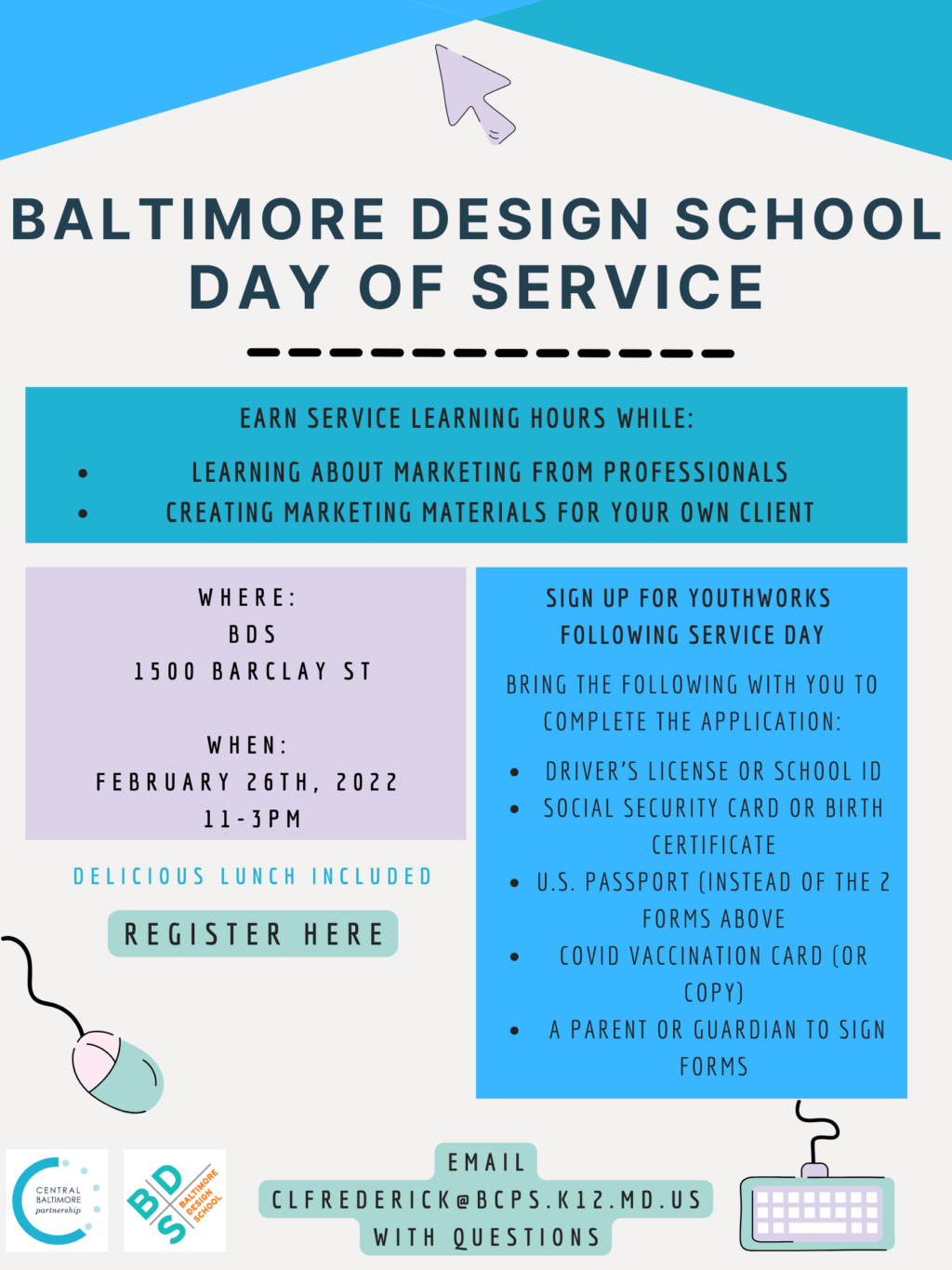 Service Learning Project: BDS & Central Baltimore Partnership DESIGN Day! Earn 10 hrs Designing for non-profits!!